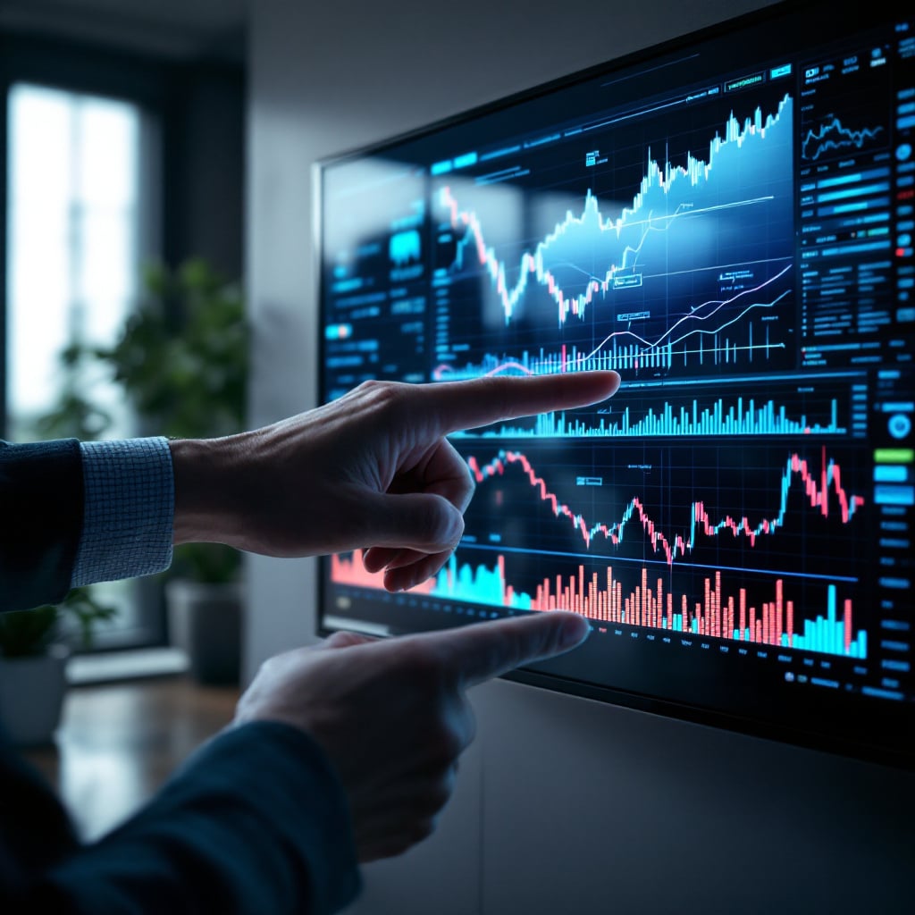 A person is analyzing financial data on a digital screen.