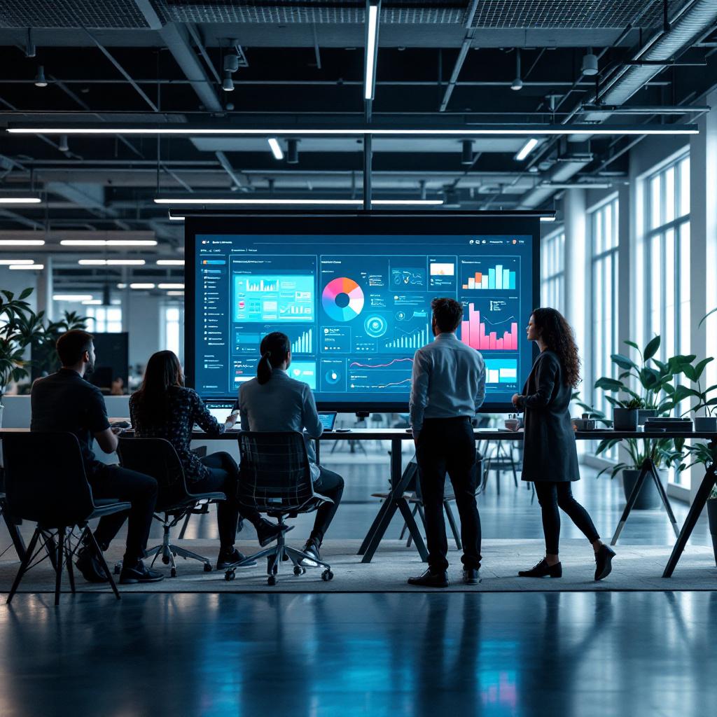 A group of professionals analyzing data on a large screen in a modern office environment.