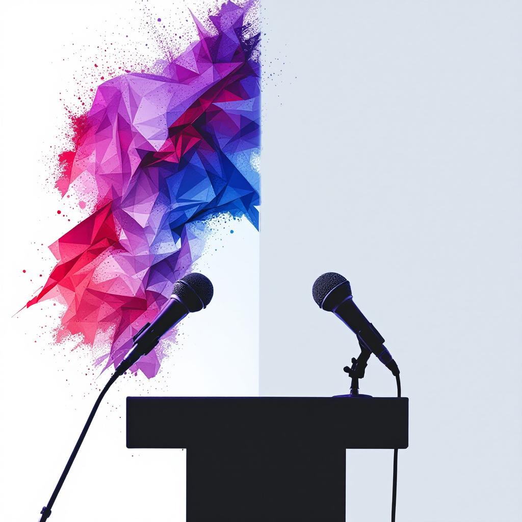 A podium with two microphones in front of a colorful abstract background.