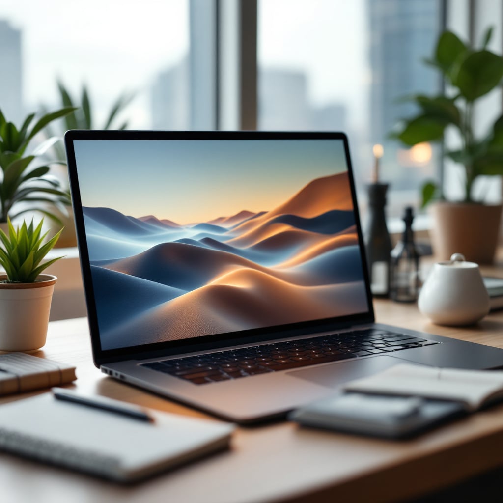 A laptop displaying a scenic landscape on a desk surrounded by plants and stationery.
