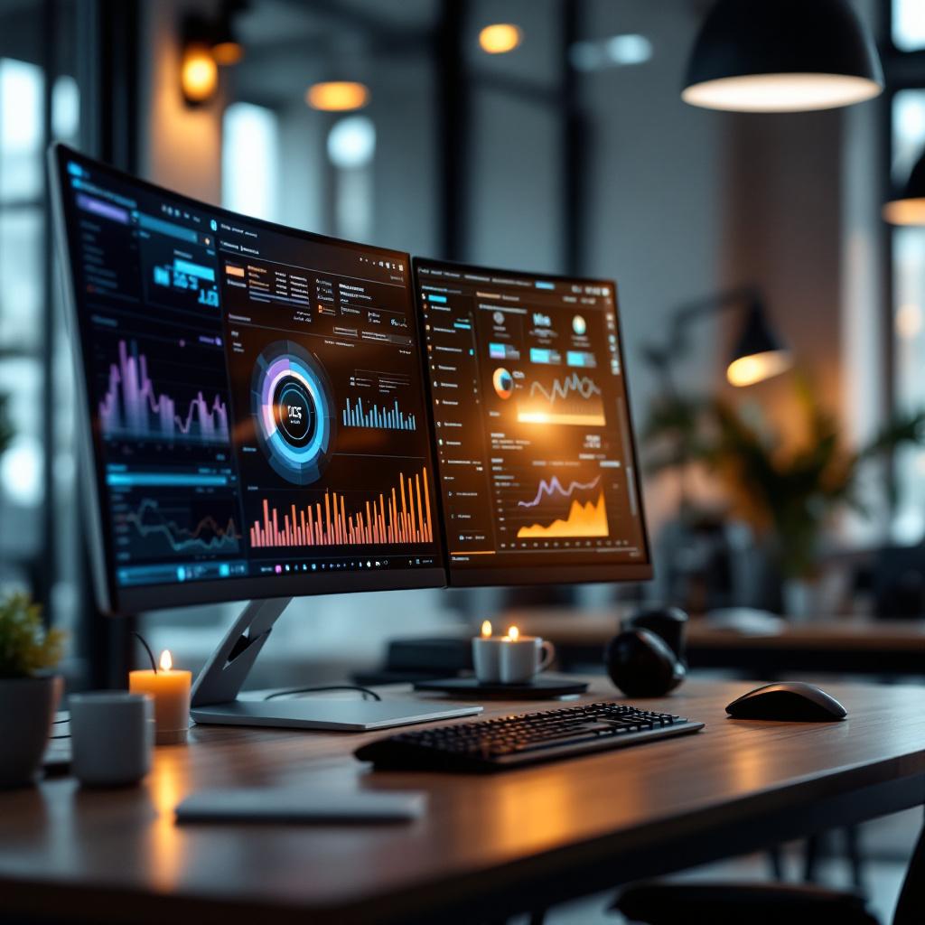 A modern workspace featuring dual monitors displaying data analytics and graphs.