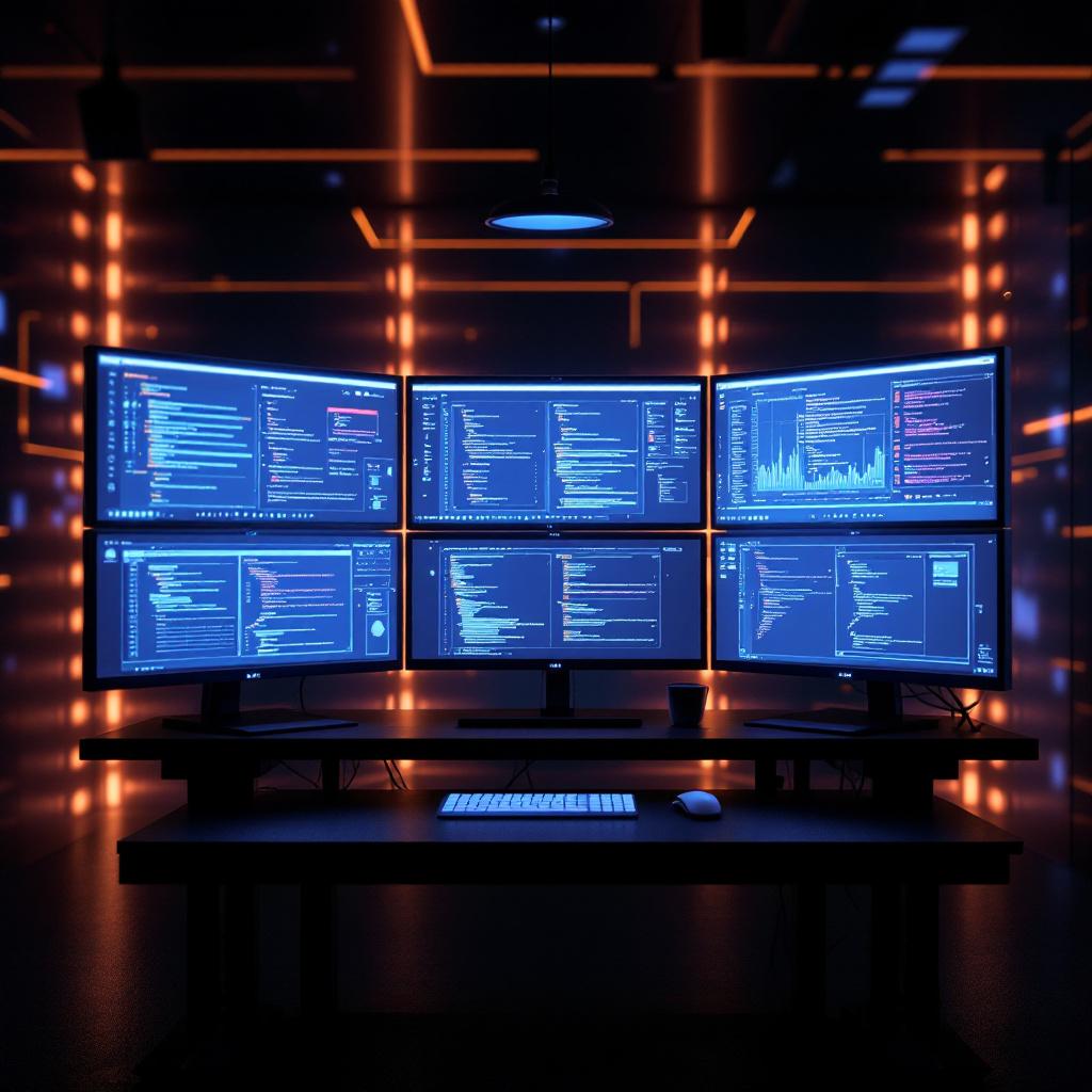 A modern workspace featuring multiple computer monitors displaying data and code.