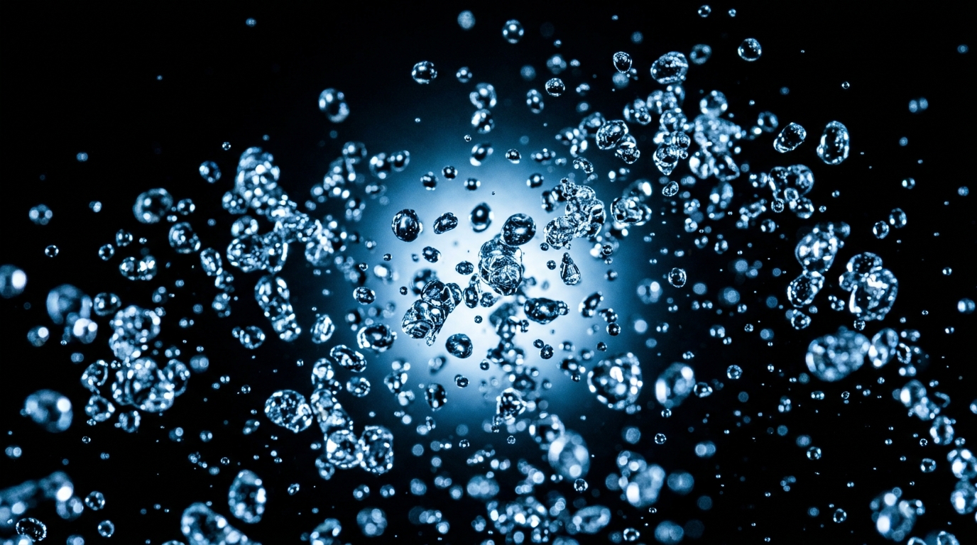 The image shows a close-up view of water droplets suspended in the air against a dark background.