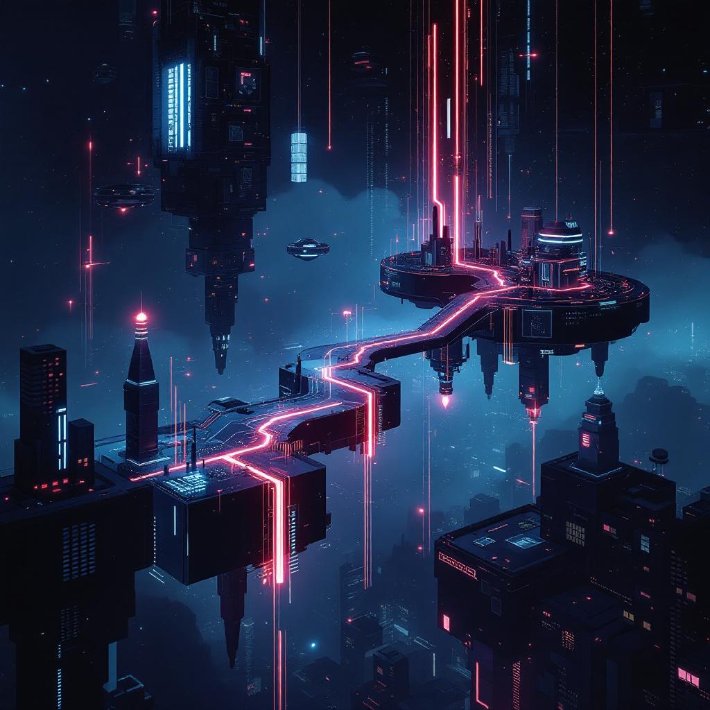 A futuristic cityscape with neon lights and floating structures.