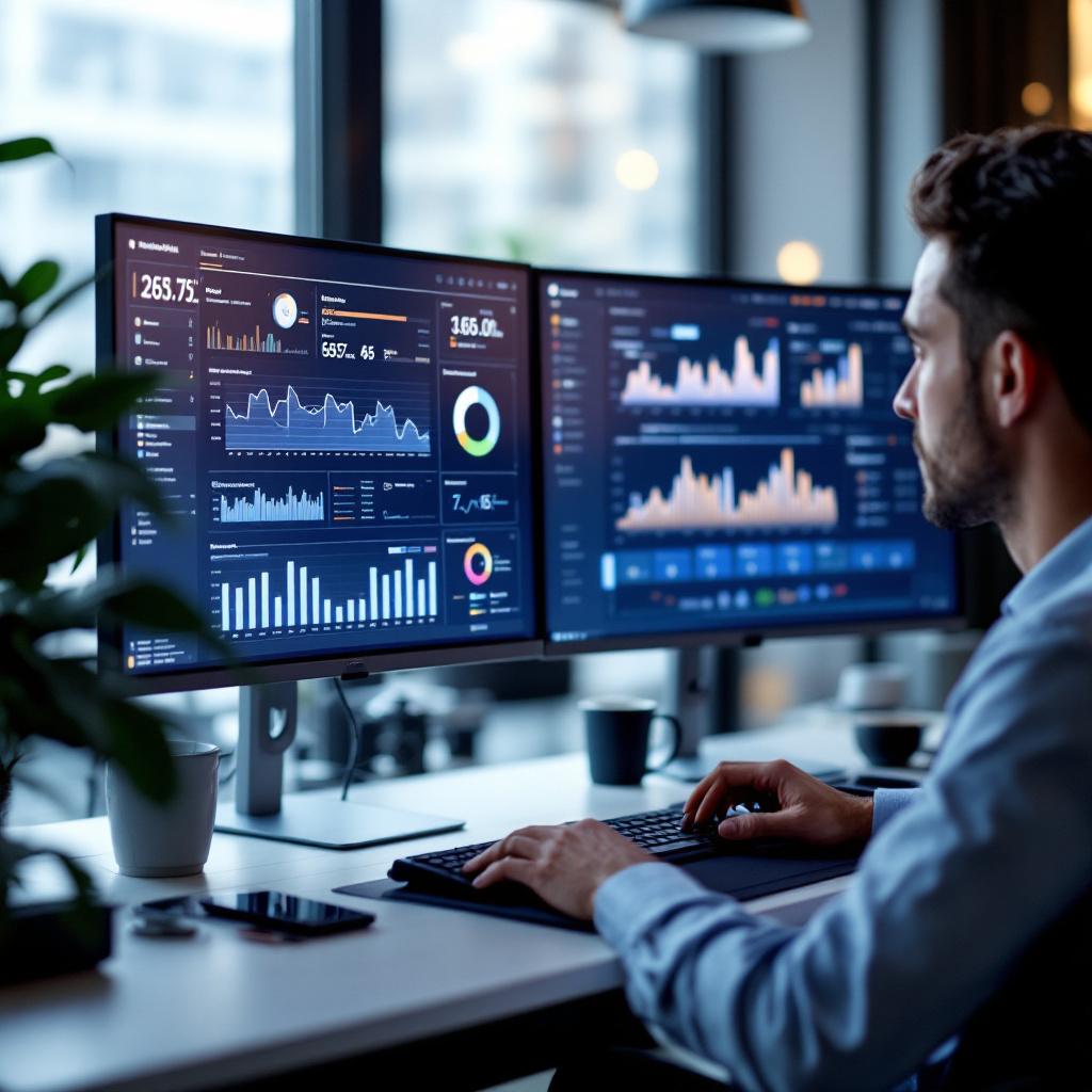 A man is analyzing data on multiple computer screens in a modern office setting.