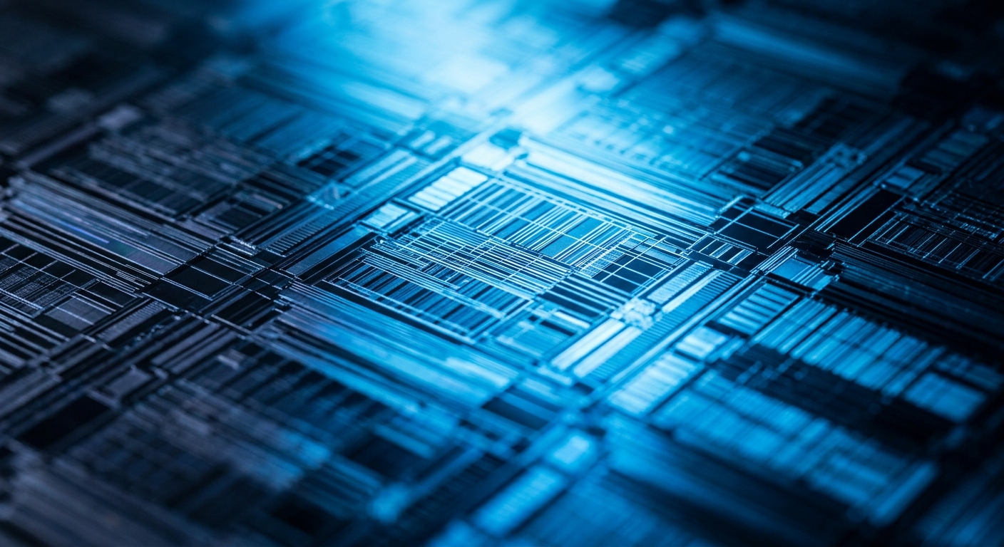 The image depicts an abstract pattern of blue lines and shapes resembling a circuit board.