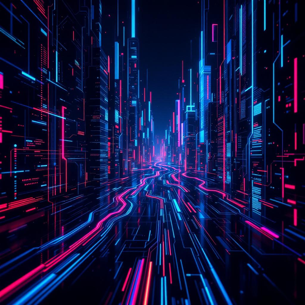 A futuristic digital cityscape with glowing neon lines and tall structures.
