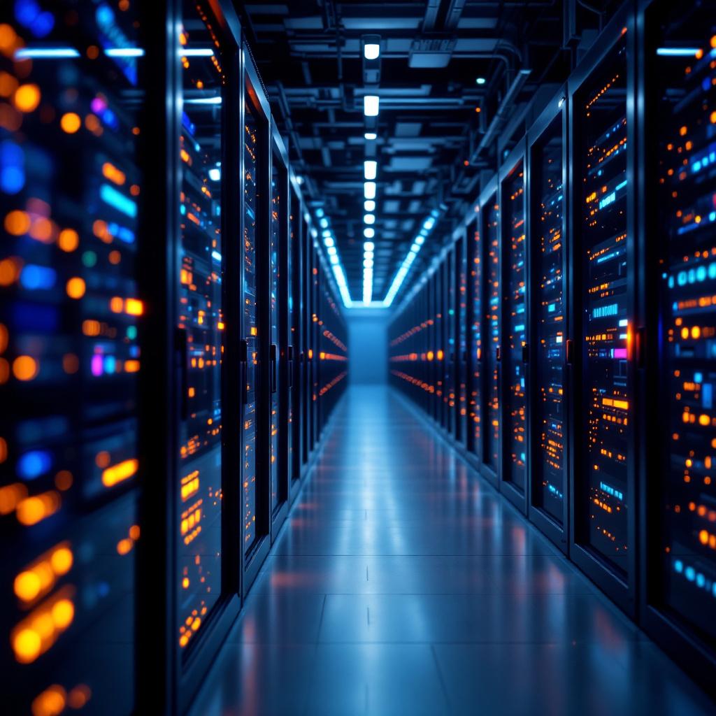 A corridor lined with server racks illuminated by blue and orange lights.