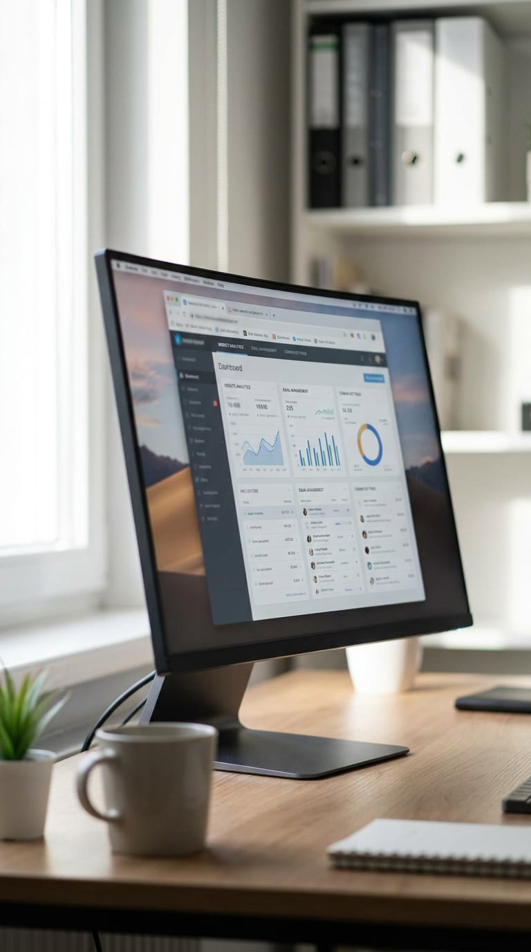 A computer monitor on a desk displays a data analytics dashboard.