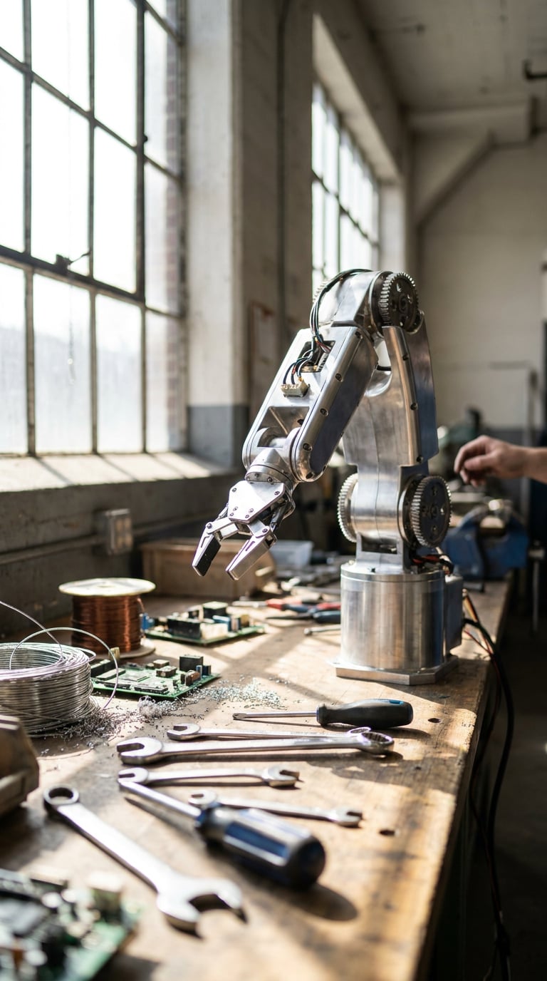 A robotic arm is positioned on a workbench surrounded by tools and electronic components.