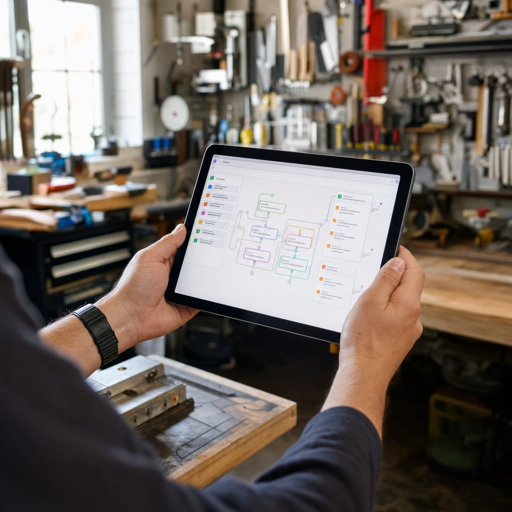 A person holding a tablet displaying a flowchart in a workshop filled with tools.