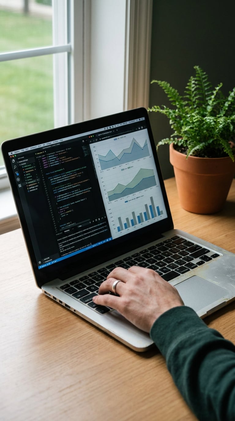 A person is working on a laptop displaying data charts and code.
