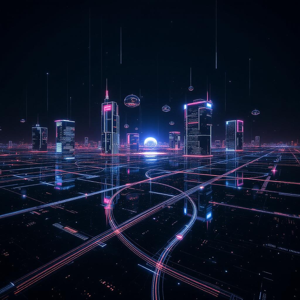 A futuristic cityscape with glowing skyscrapers and digital elements.