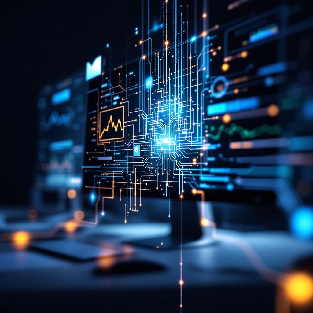 A digital representation of data flow and technology with glowing circuits and graphs on computer screens.