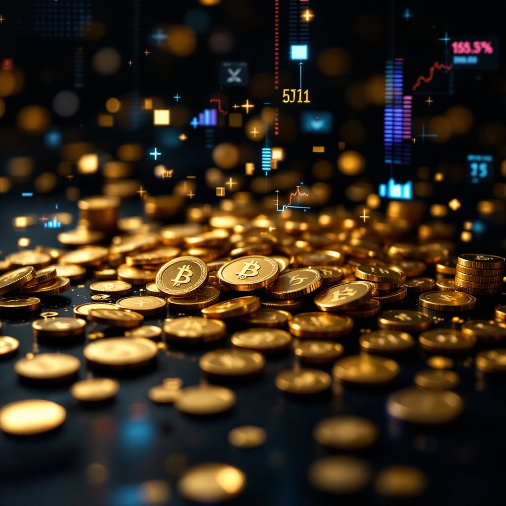 A collection of gold-colored bitcoins scattered on a surface with digital financial graphs in the background.