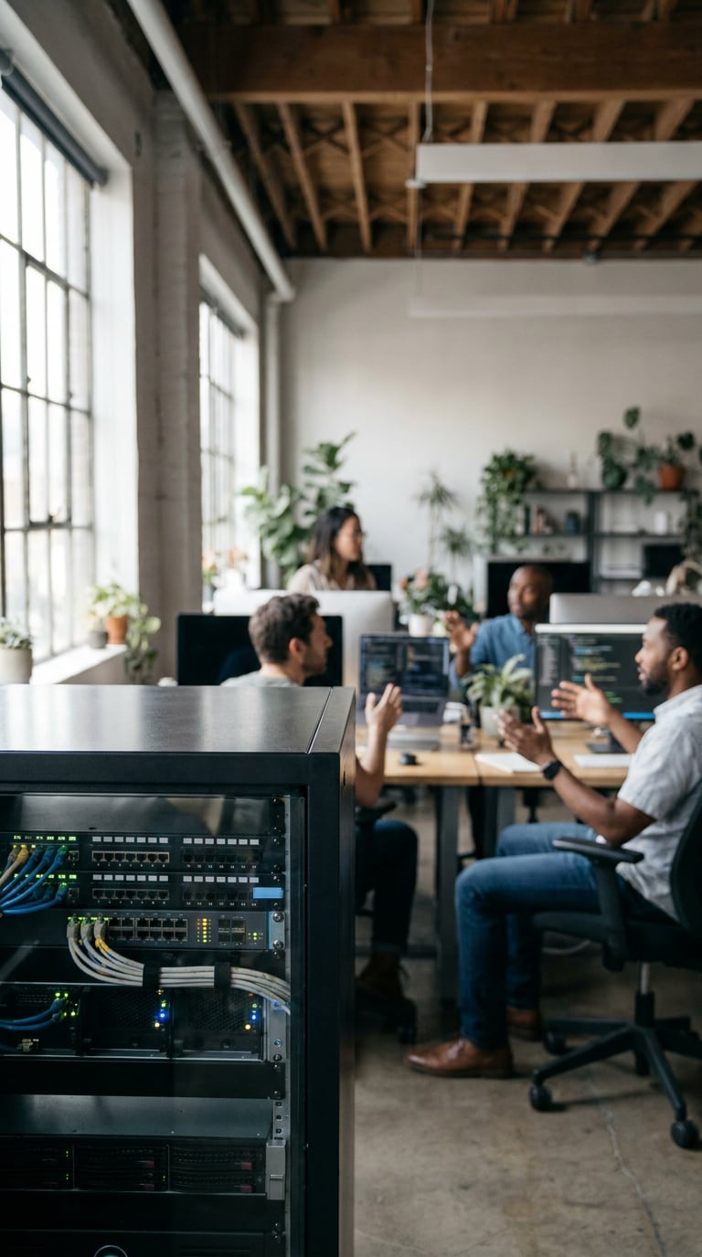A group of people engaged in a discussion in an office setting with computer servers in the foreground.