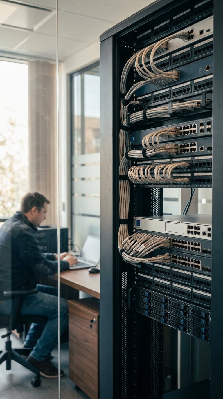 A person working at a desk in an office with network equipment in the foreground.