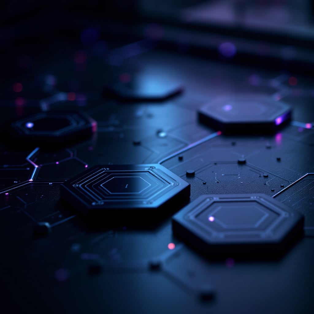 A close-up view of hexagonal circuit board patterns with glowing elements.