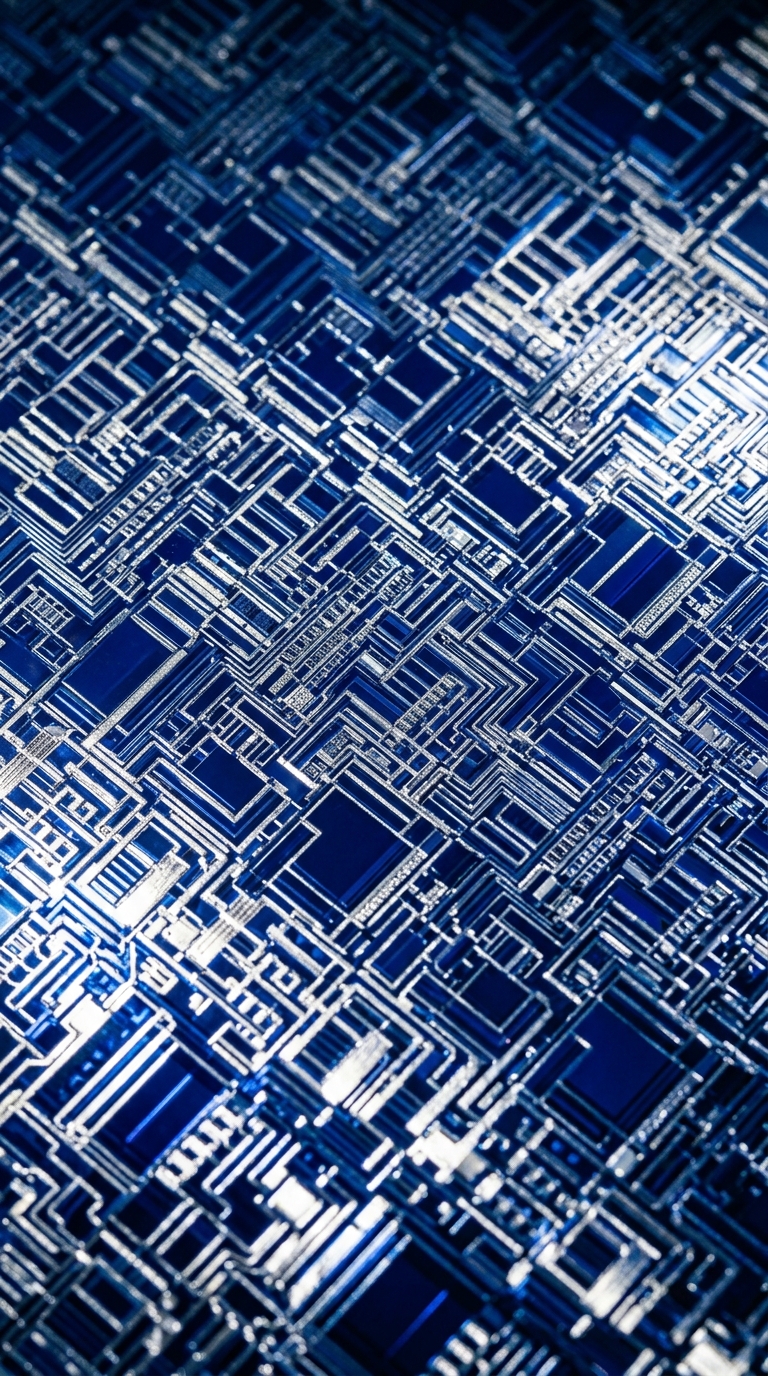 A close-up view of a complex circuit board pattern in blue tones.