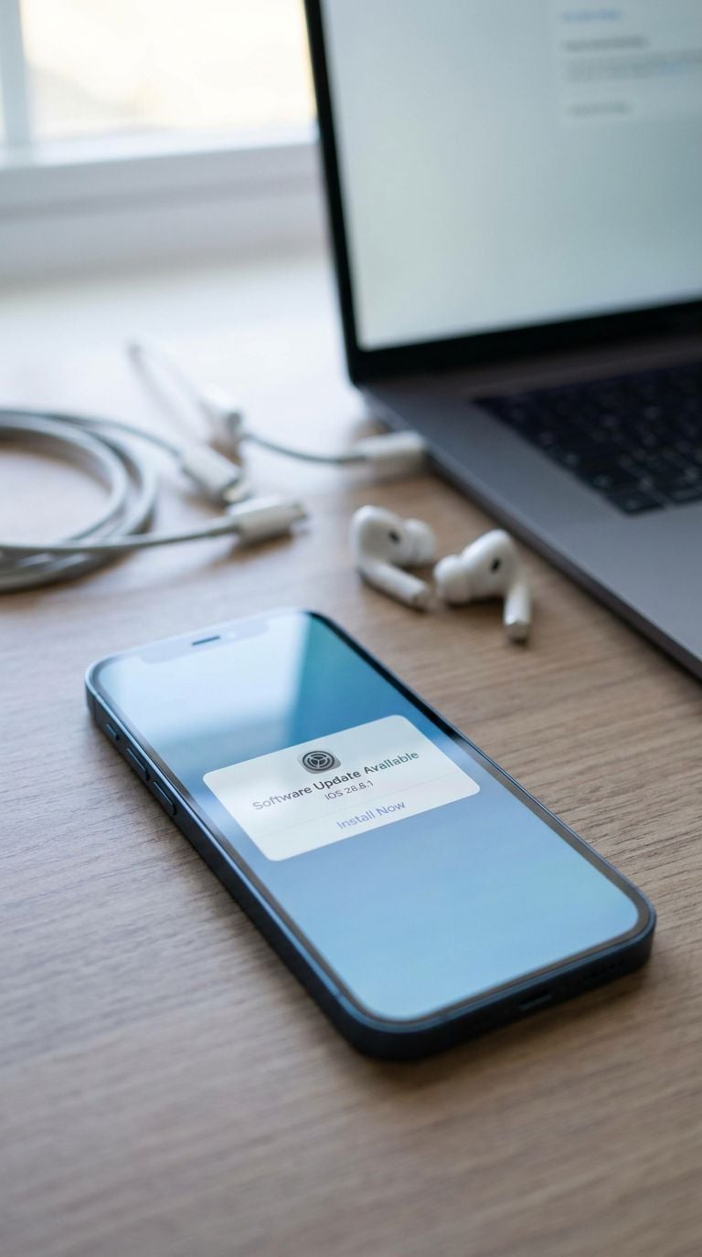 A smartphone displaying a software update notification next to a laptop and earphones.