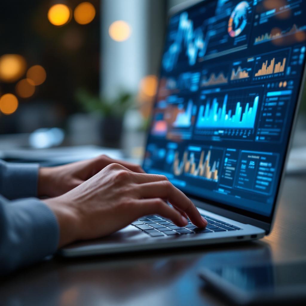 A person is typing on a laptop displaying various data visualizations.
