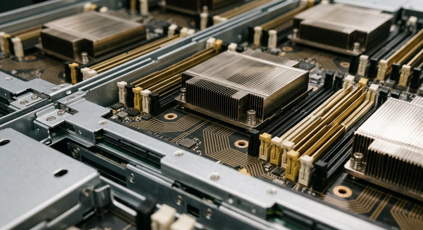 A close-up view of computer hardware components with heat sinks on circuit boards.