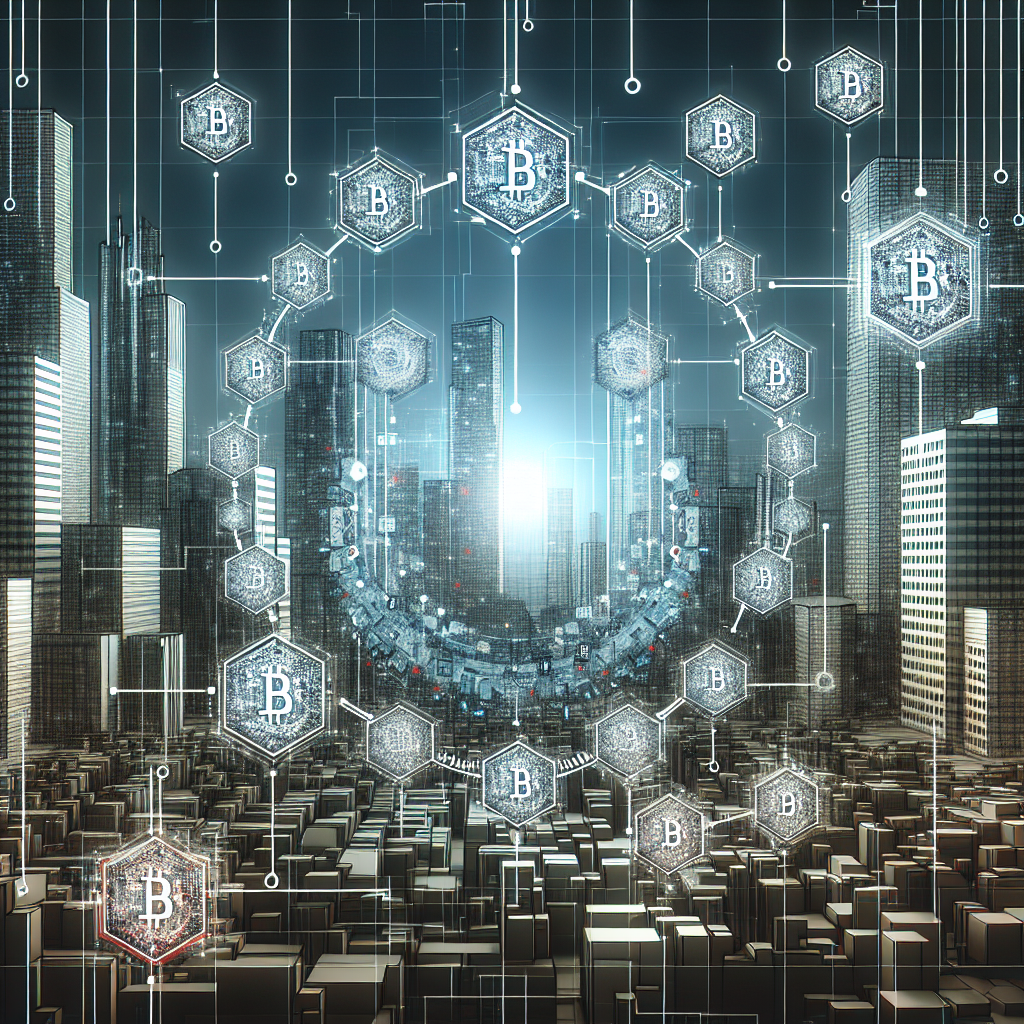 A digital representation of a city skyline with blockchain symbols overlaying it.