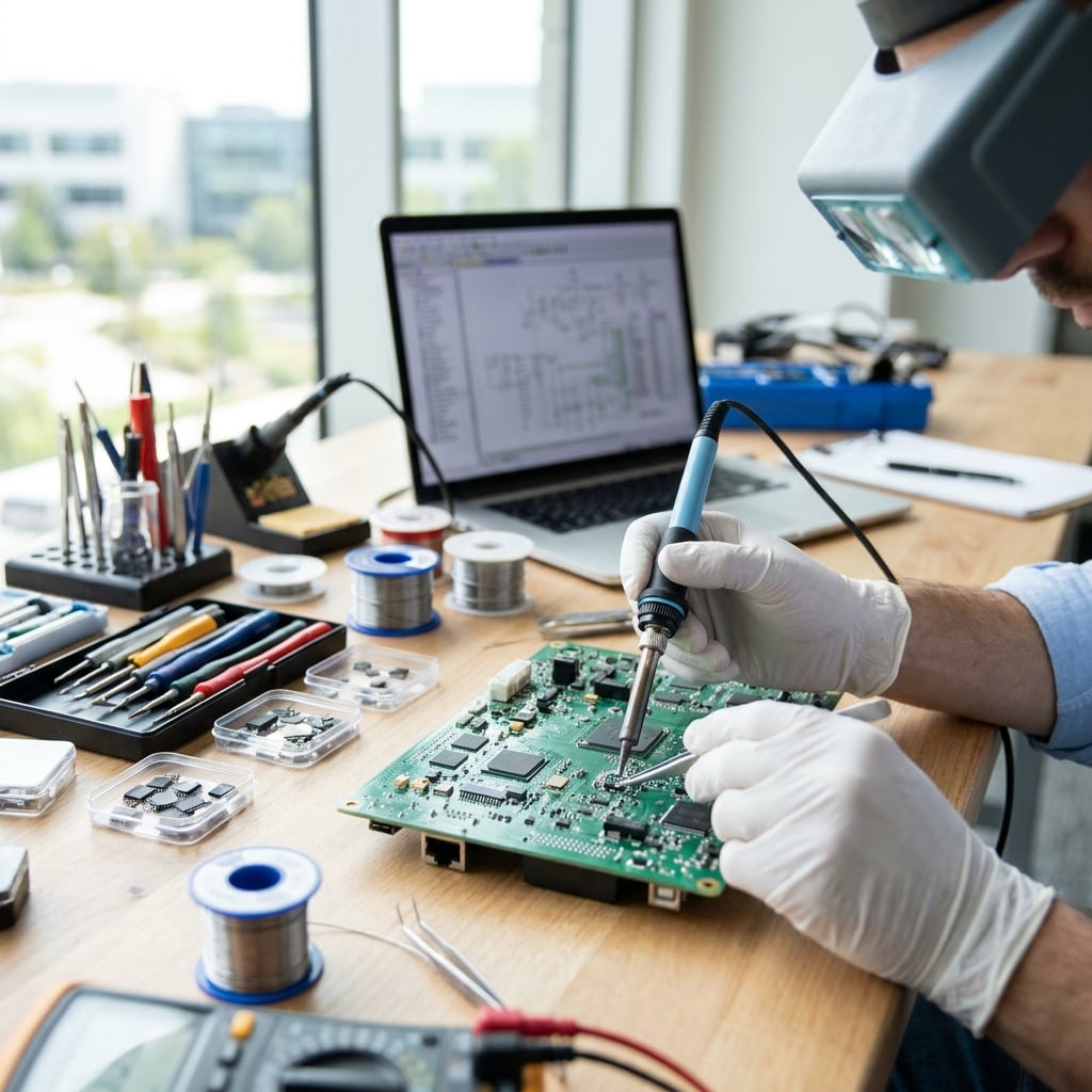 A person wearing gloves is soldering a circuit board on a wooden table with various tools and a laptop in the background.