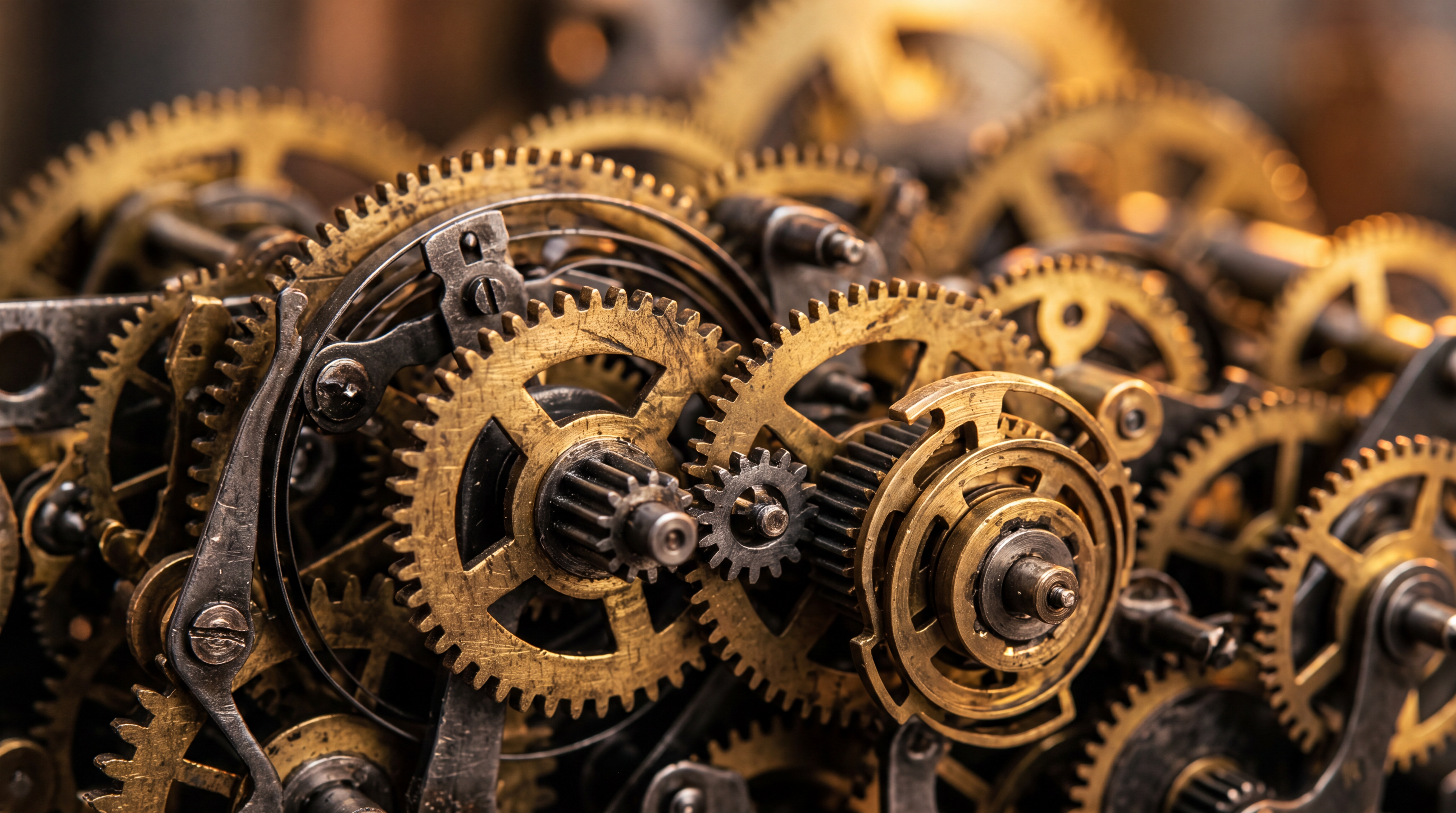 A close-up view of intricate brass gears and clockwork mechanisms.