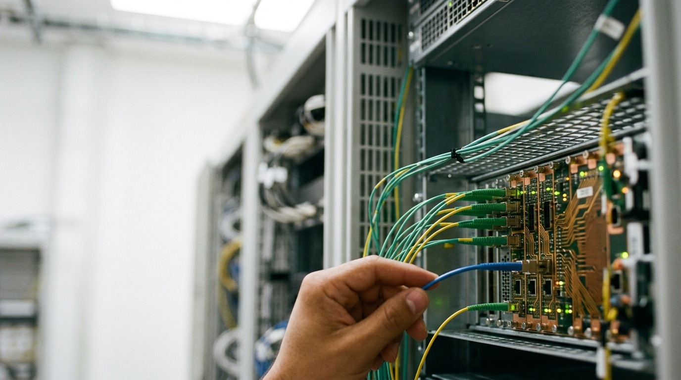 A person is connecting wires to a circuit board in a server room.