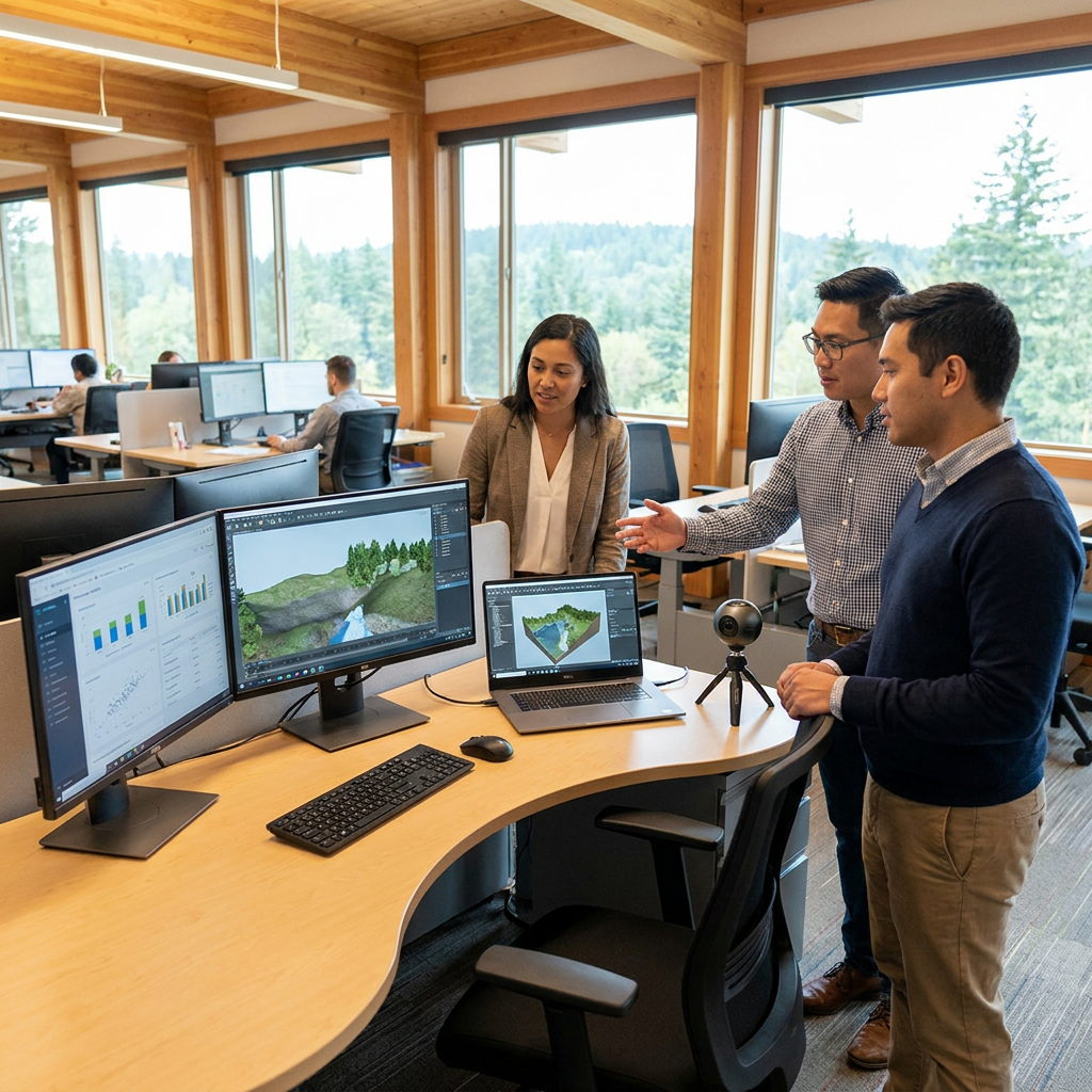 Three professionals are discussing data visualizations in a modern office environment.