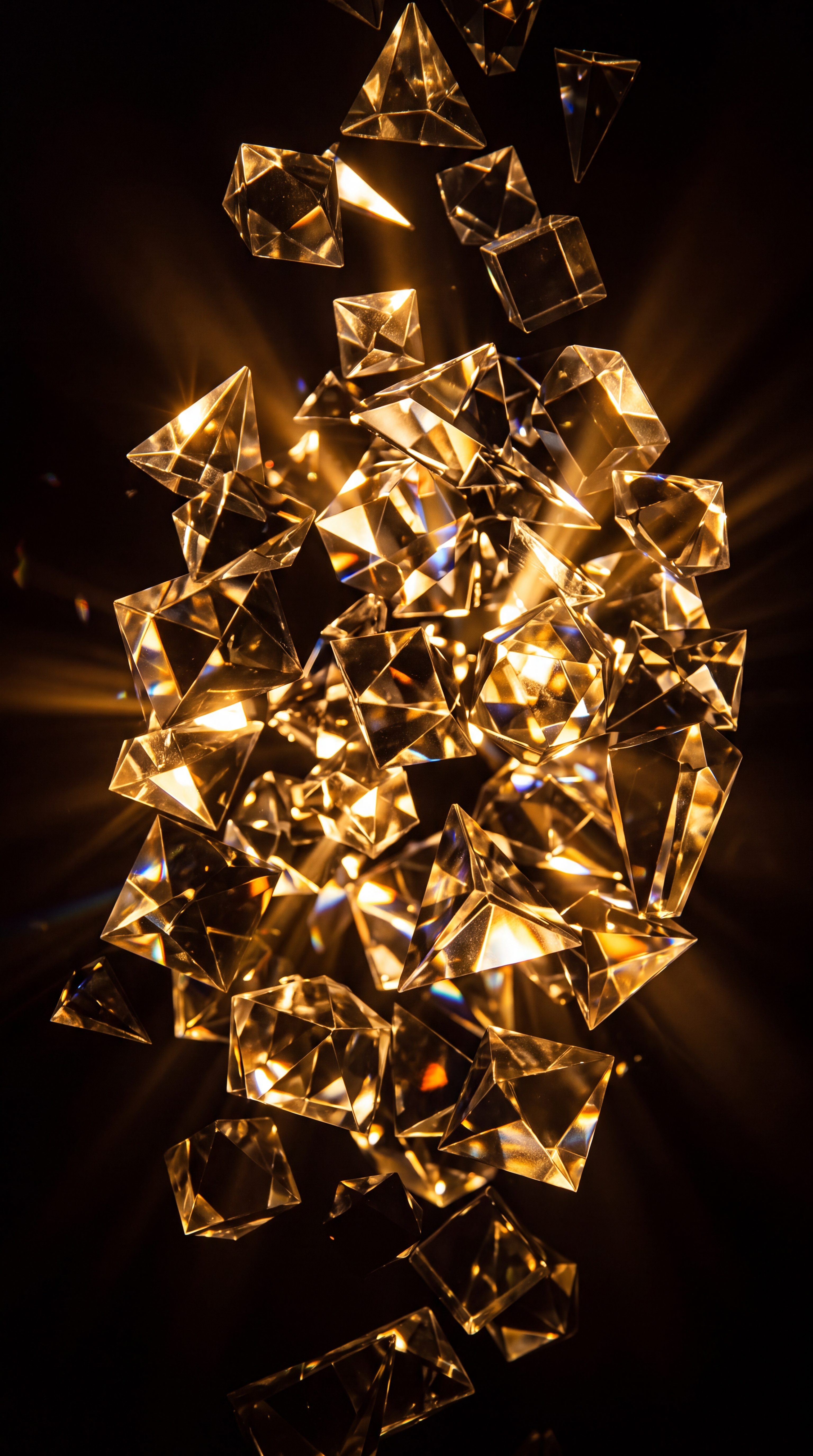 A collection of sparkling glass crystals reflecting light.