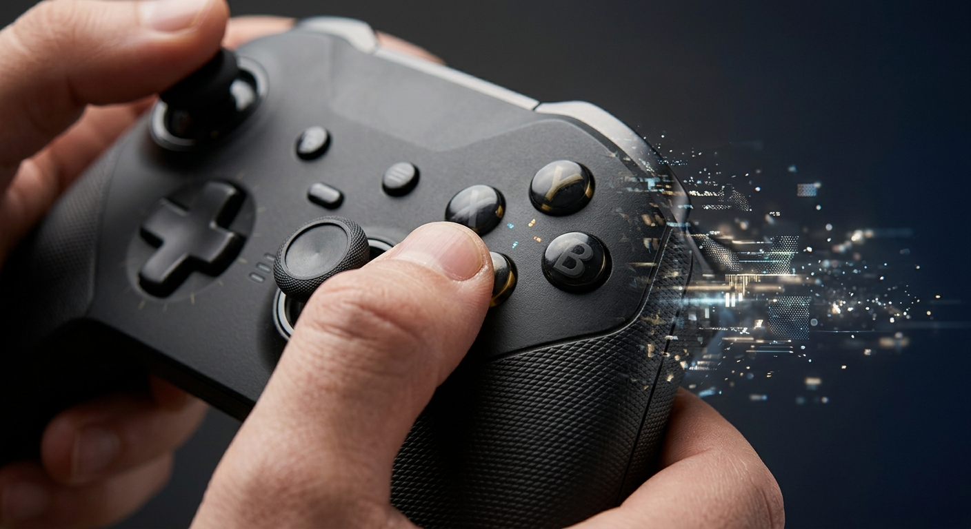 A close-up of a person's hand holding a video game controller with digital effects emanating from it.