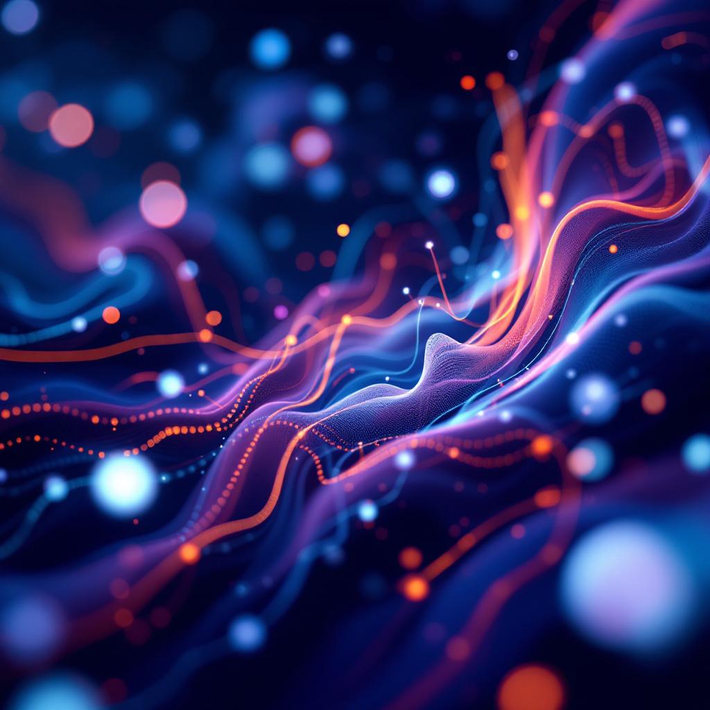 An abstract representation of flowing waves and particles in vibrant colors.