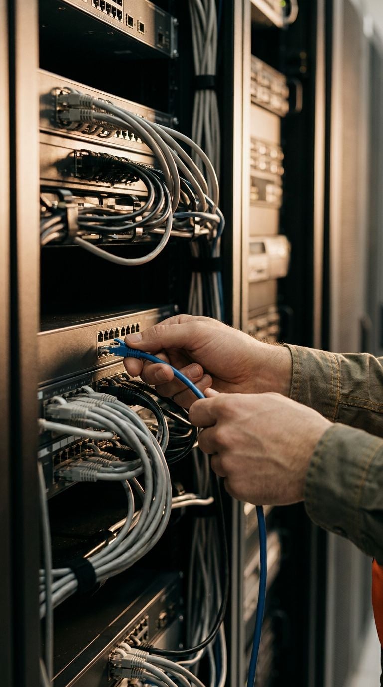 A person is connecting cables in a server room.