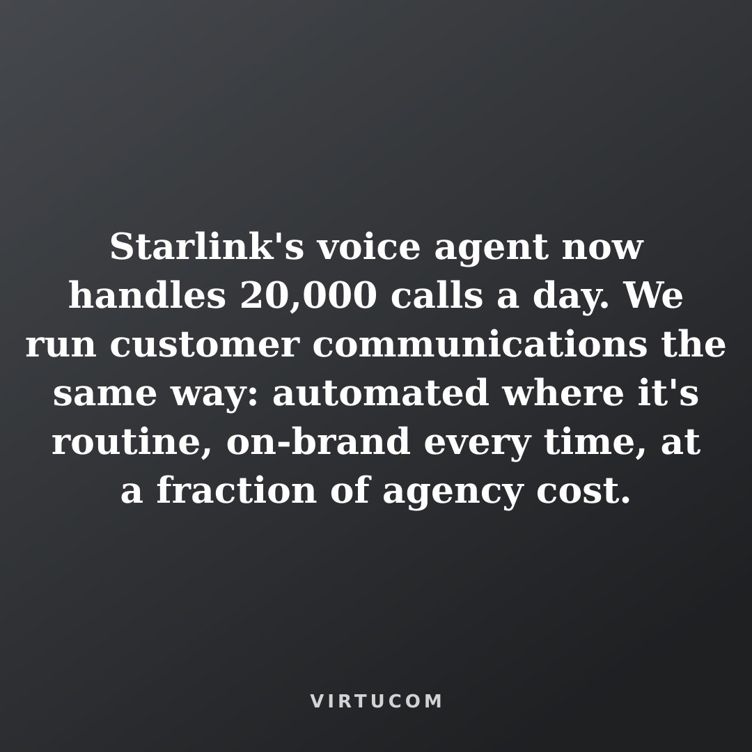 The image contains text about Starlink's voice agent handling 20,000 calls daily with automated customer communications.