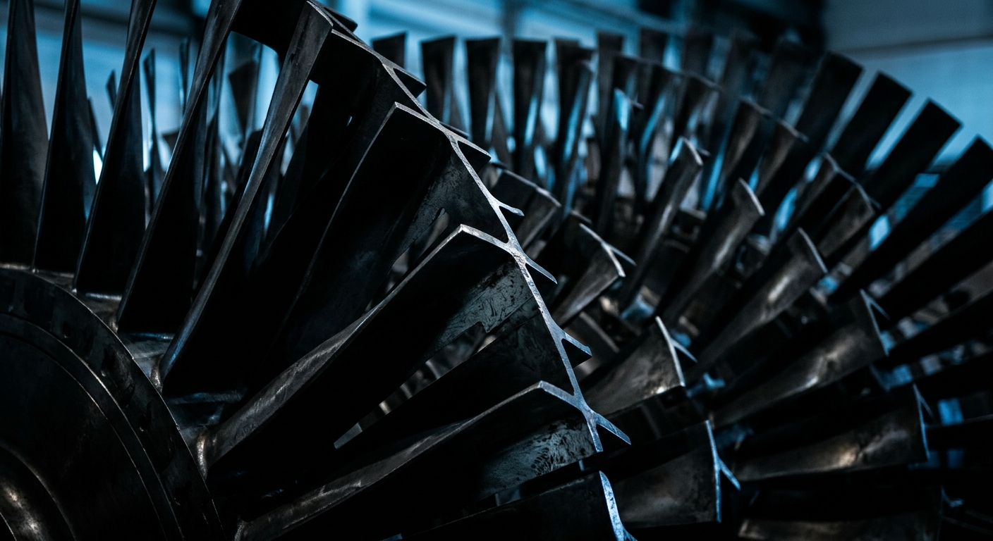 A close-up view of large turbine blades in a mechanical setting.