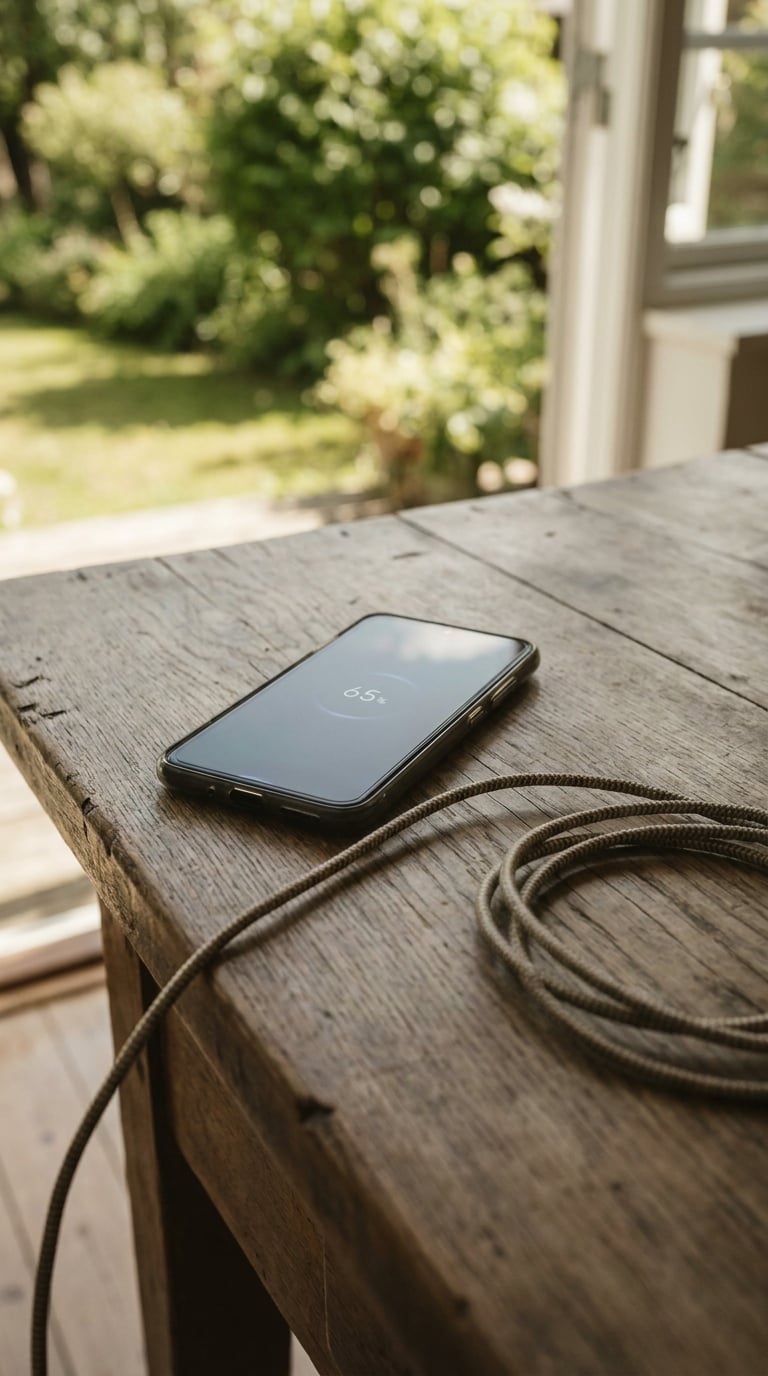 A smartphone is placed on a wooden table with a charging cable beside it.
