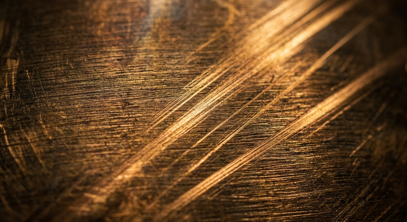 A close-up view of a scratched metallic surface.