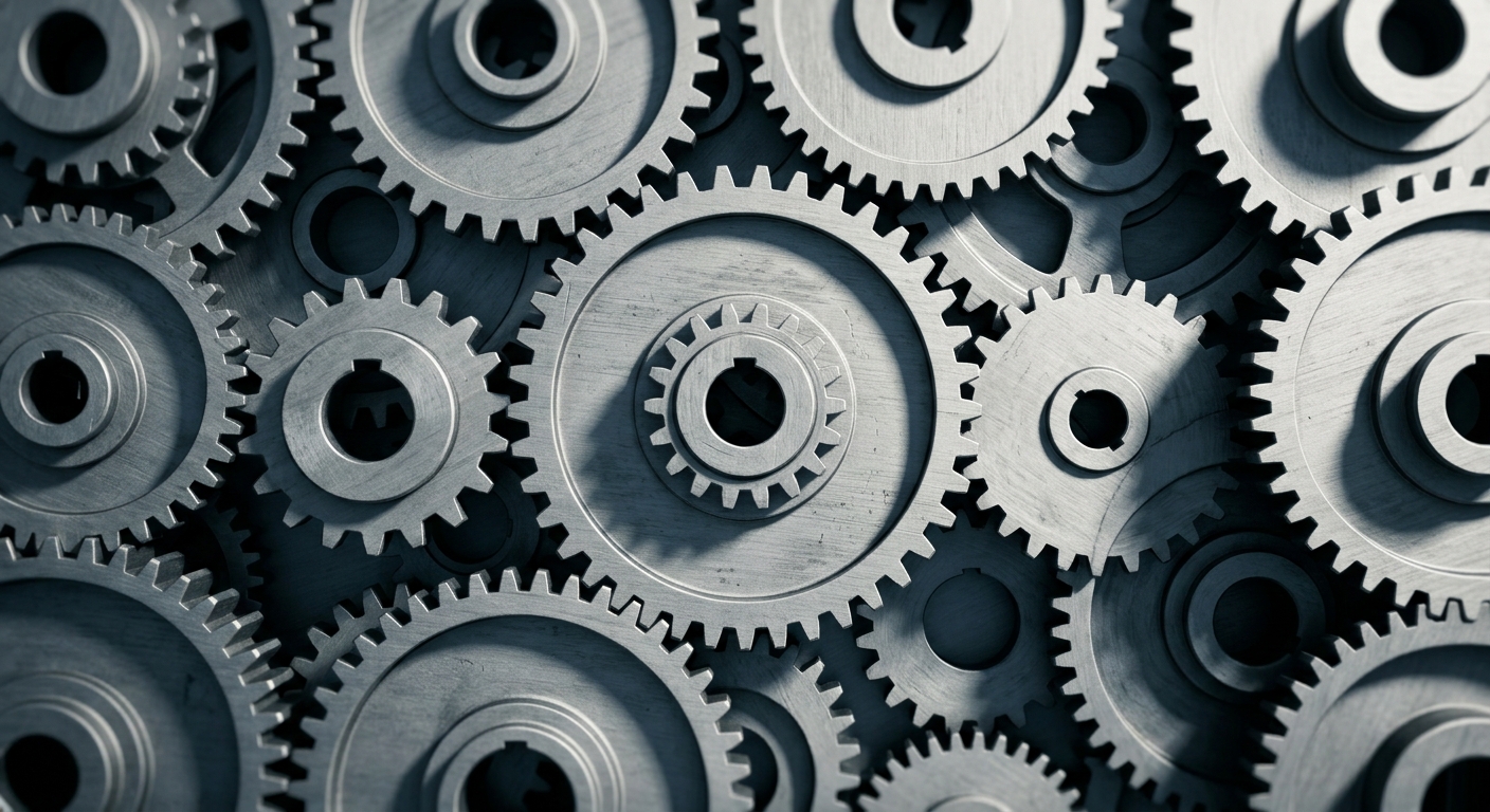 A close-up view of various metallic gears arranged together.