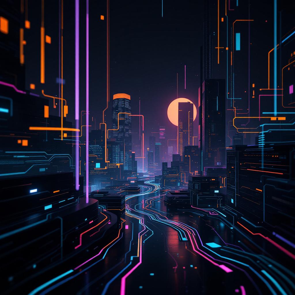 A futuristic cityscape with glowing neon lights and a large sun setting in the background.