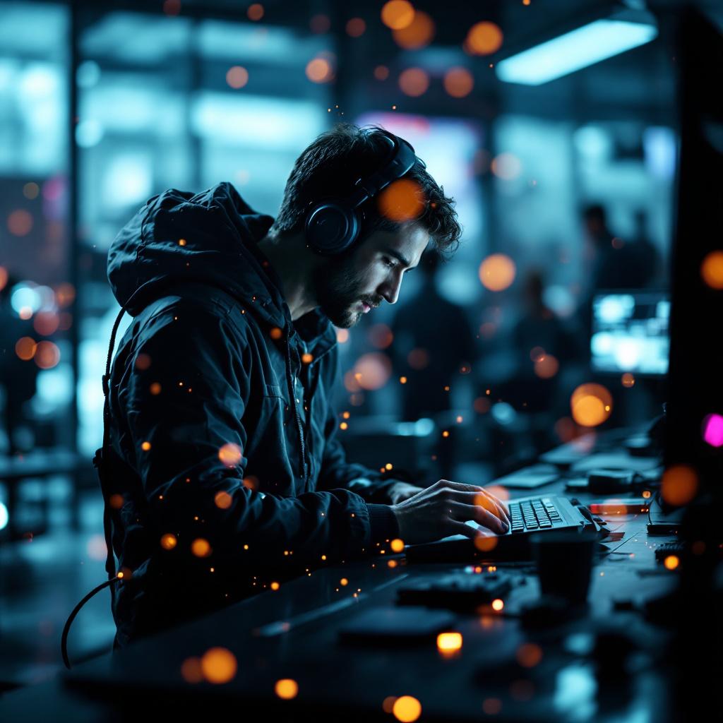 A young man wearing headphones is focused on typing on a laptop in a dimly lit environment.