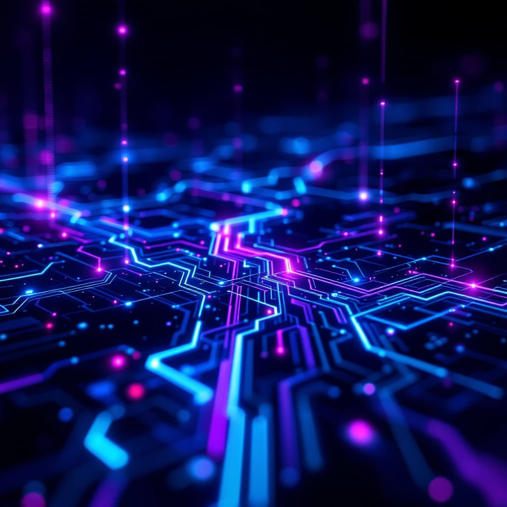 A vibrant abstract representation of a digital circuit board with glowing lines and nodes.