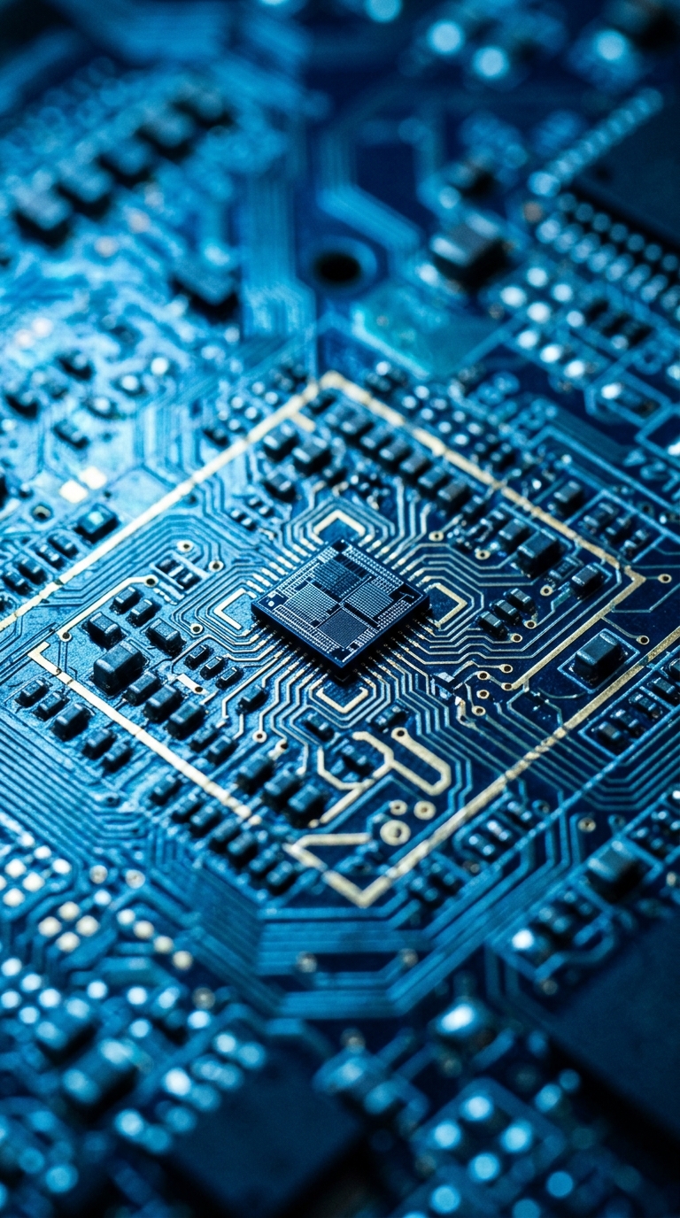A close-up view of a computer circuit board with intricate patterns and components.