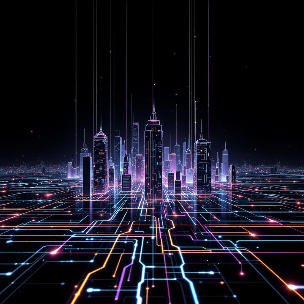 A futuristic city skyline with glowing lines and digital elements.