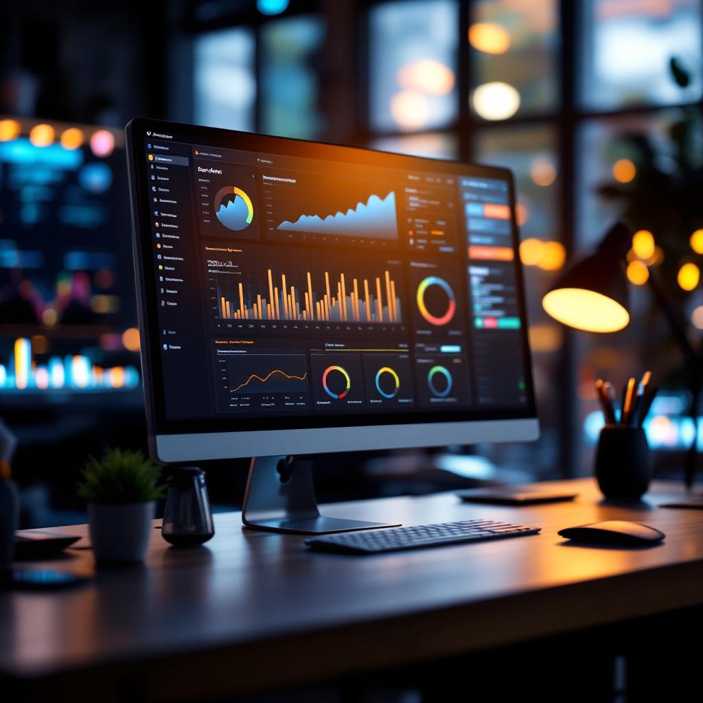 A computer monitor displaying various data visualizations and analytics in a dimly lit office environment.