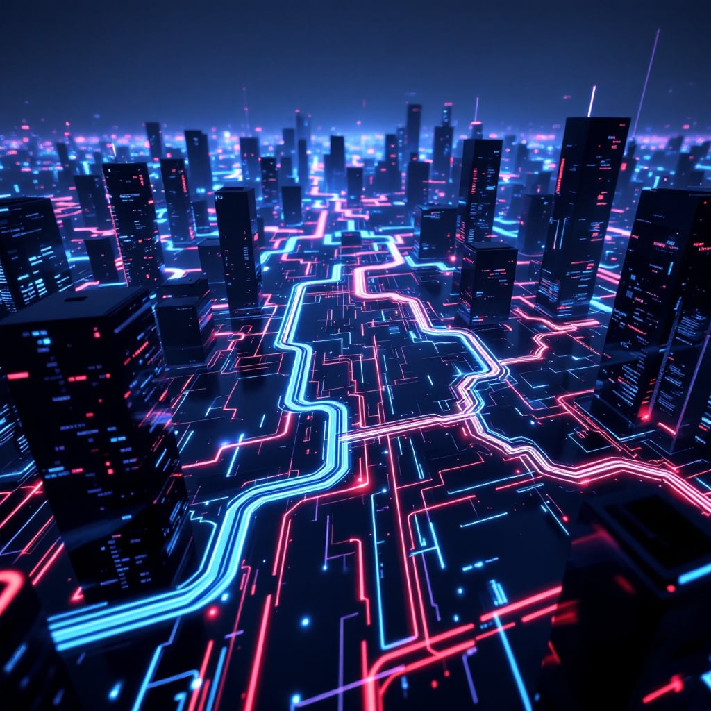 A digital cityscape with glowing neon circuit patterns and skyscrapers.