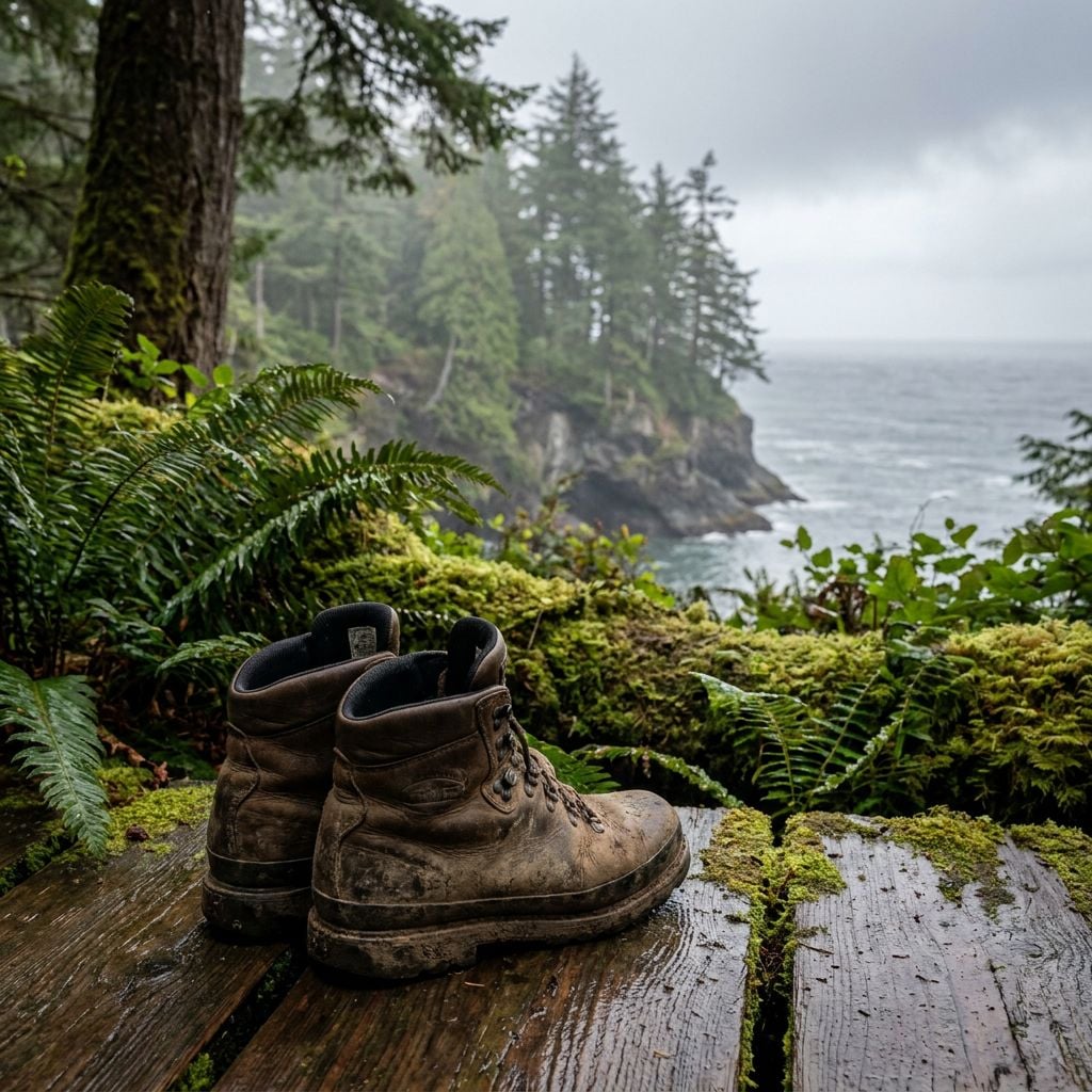 A pair of worn hiking boots is placed on a wooden platform overlooking a coastal forest and ocean view.