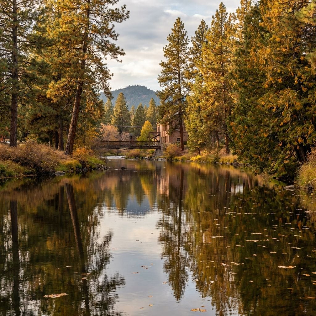 A serene river reflecting trees and a bridge in a forested area.