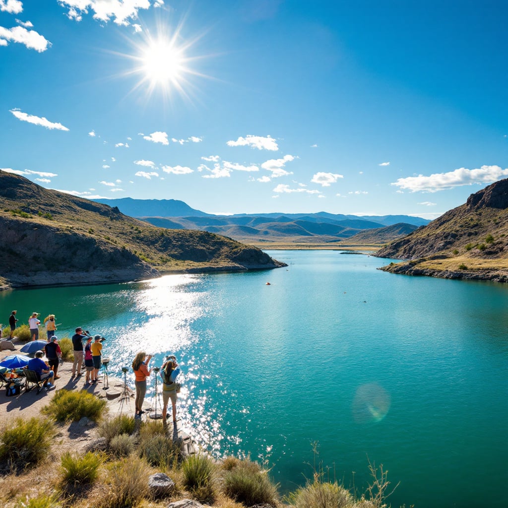 A group of people enjoying a sunny day by a turquoise lake surrounded by mountains.